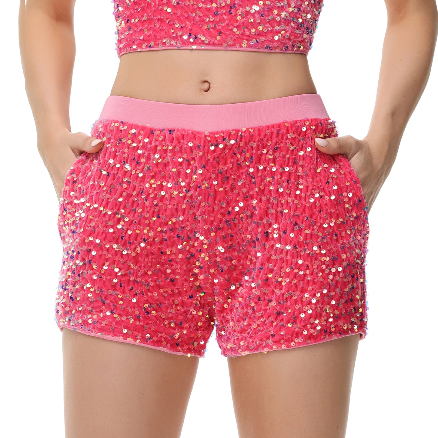 Anna-Kaci Women's Sparkly Sequin Shorts Elastic Waist Glitter Straight Leg Party Shorts with Pockets