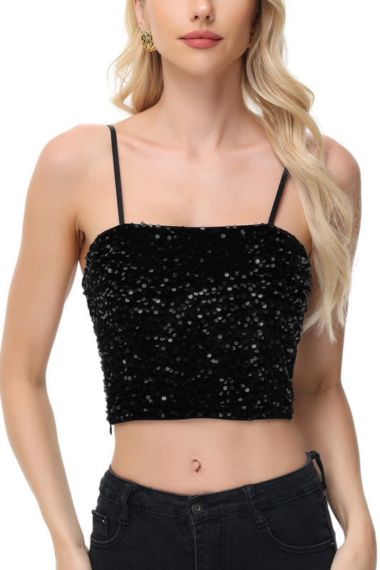 Anna-Kaci Women's Sparkly Sequin Cami Tops Crop Club Party Glitter Spaghetti Strap Tube Top