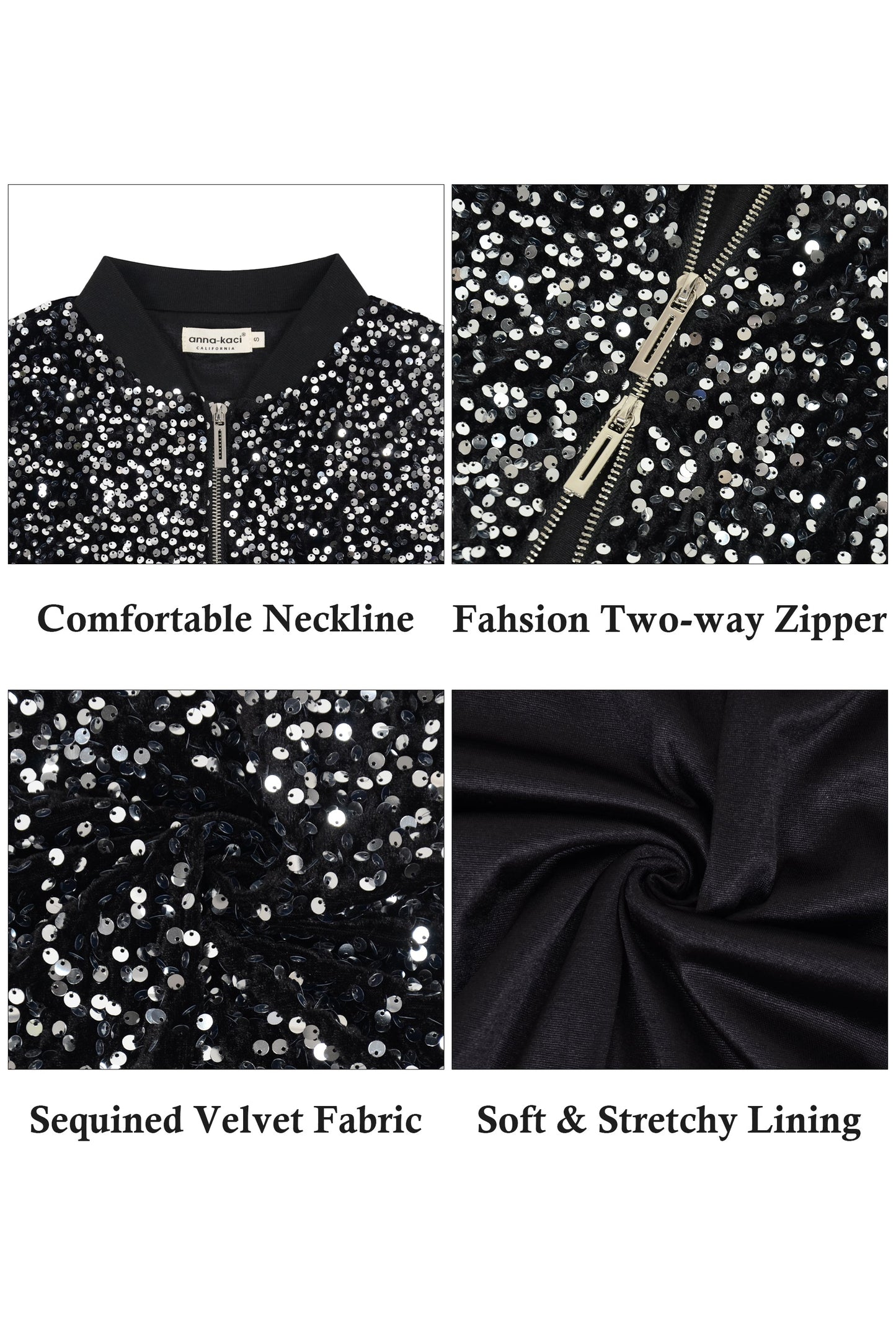 Anna-Kaci Women's Sparkly Sequin Jacket Cropped Two-Way-Zipper Glitter Party Club Bomber Jacket