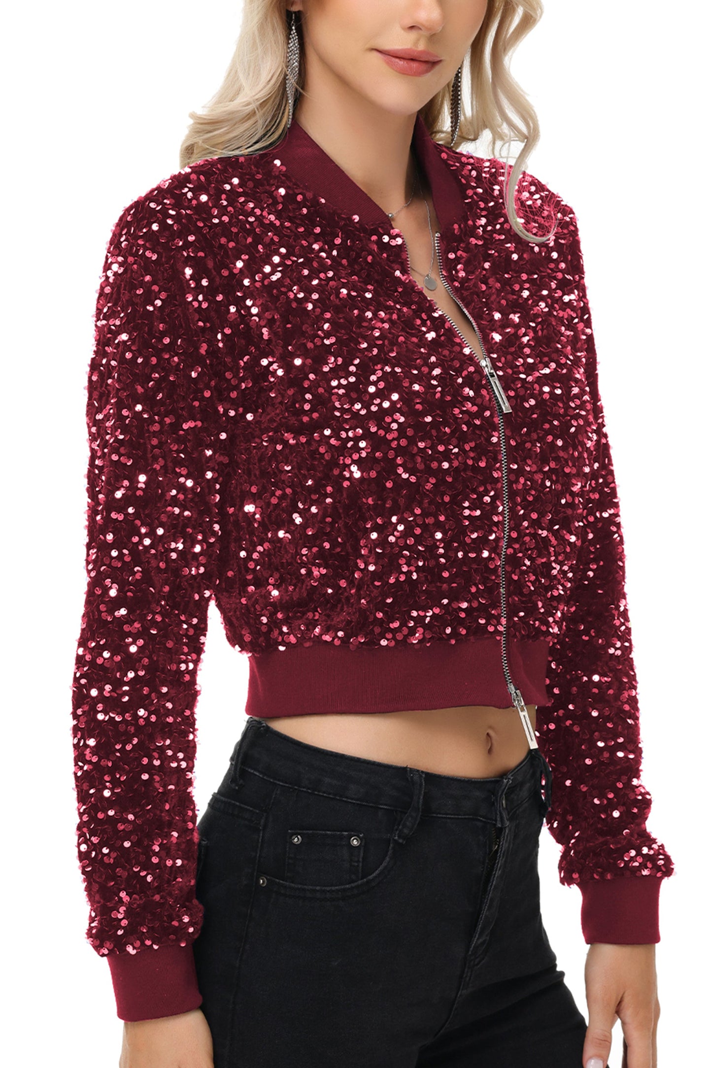 Anna-Kaci Women's Sparkly Sequin Jacket Cropped Two-Way-Zipper Glitter Party Club Bomber Jacket