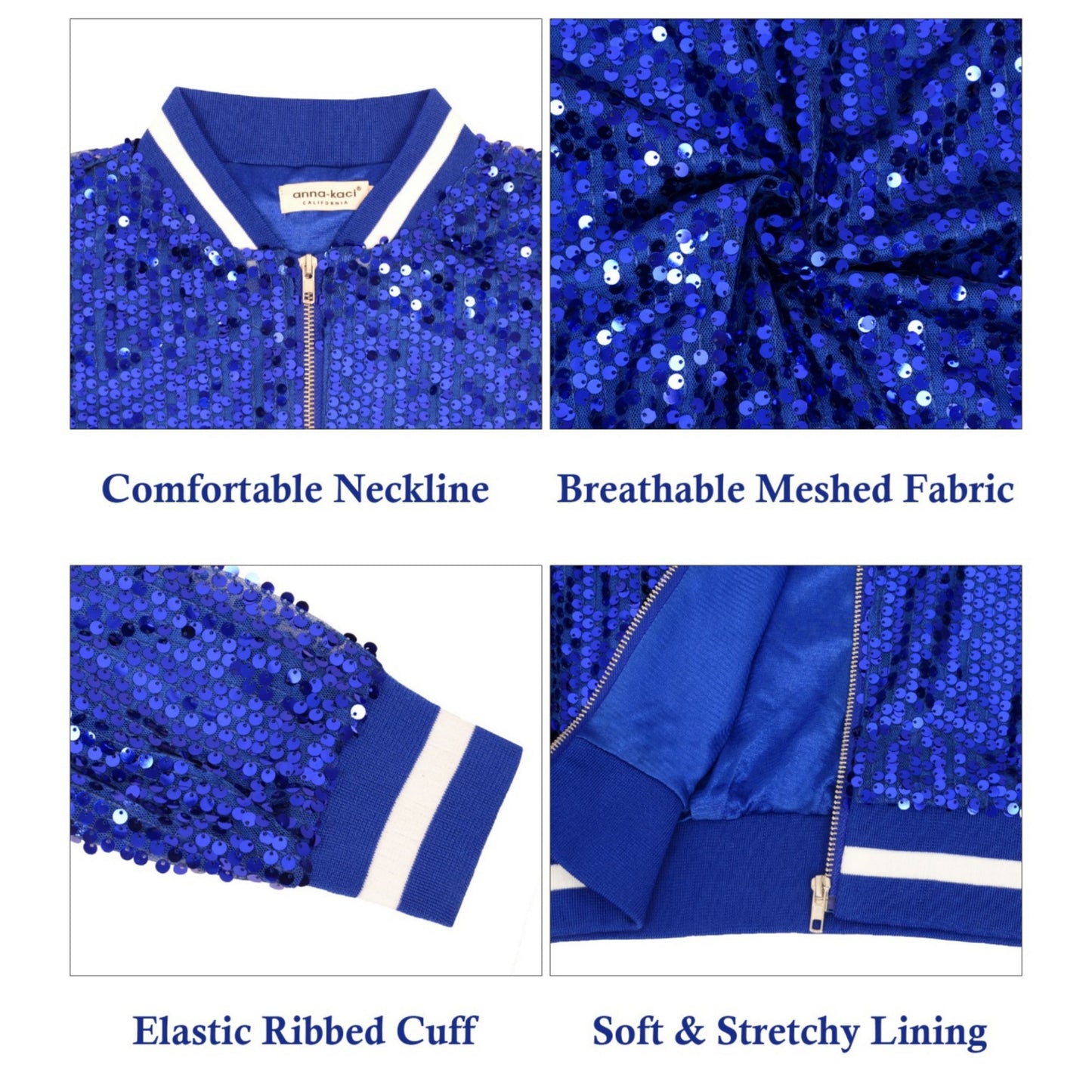 Sequin Bomber Jacket with Ribbed Trim and Front Zipper Closure