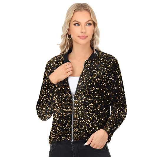 Sequin Bomber Jacket with Front Zipper Closure and Ribbed Trim