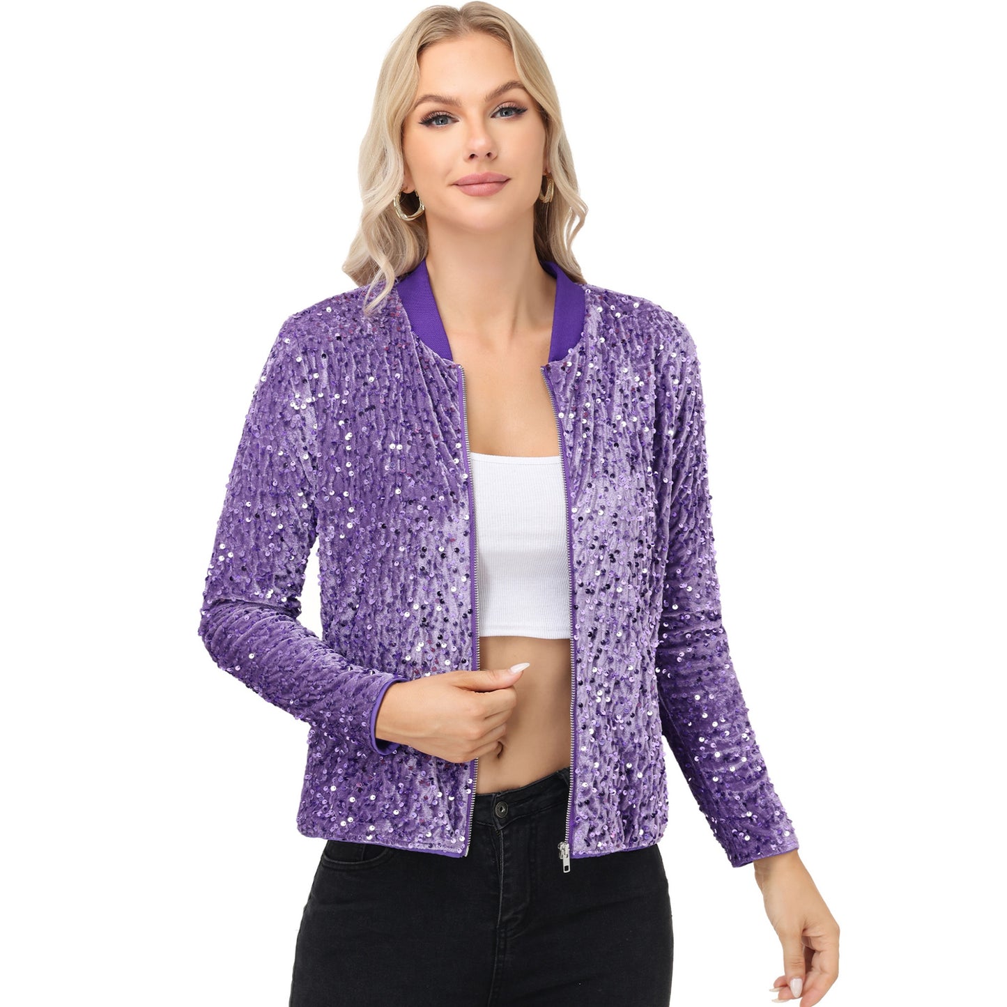 Sequin Bomber Jacket with Front Zipper Closure and Ribbed Trim