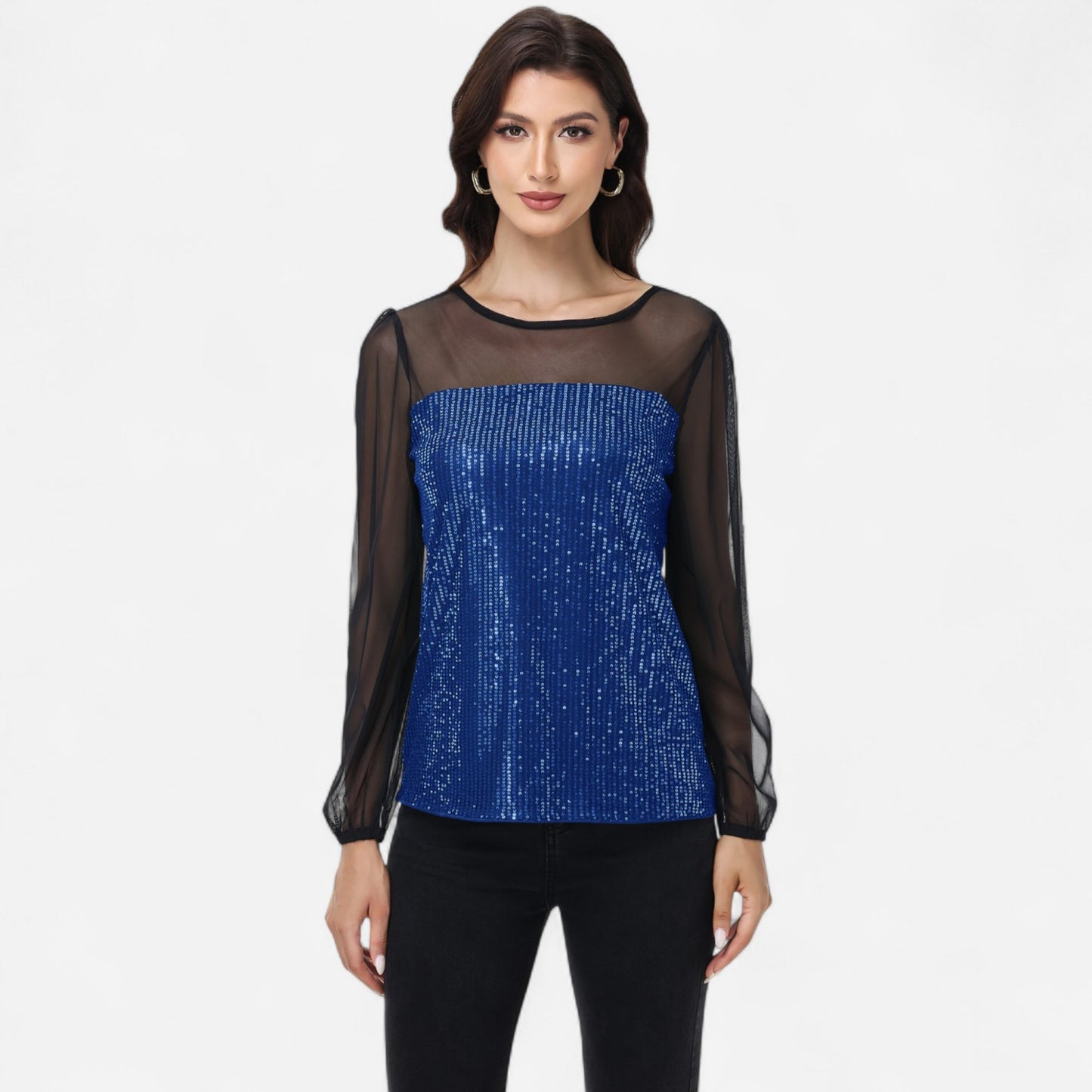 Sheer Mesh Long Sleeve Top with Sequin Front Panel and Crew Neckline