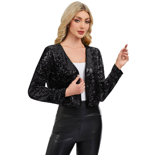 Sequin Open Front Cardigan with Long Sleeves and Cropped Fit