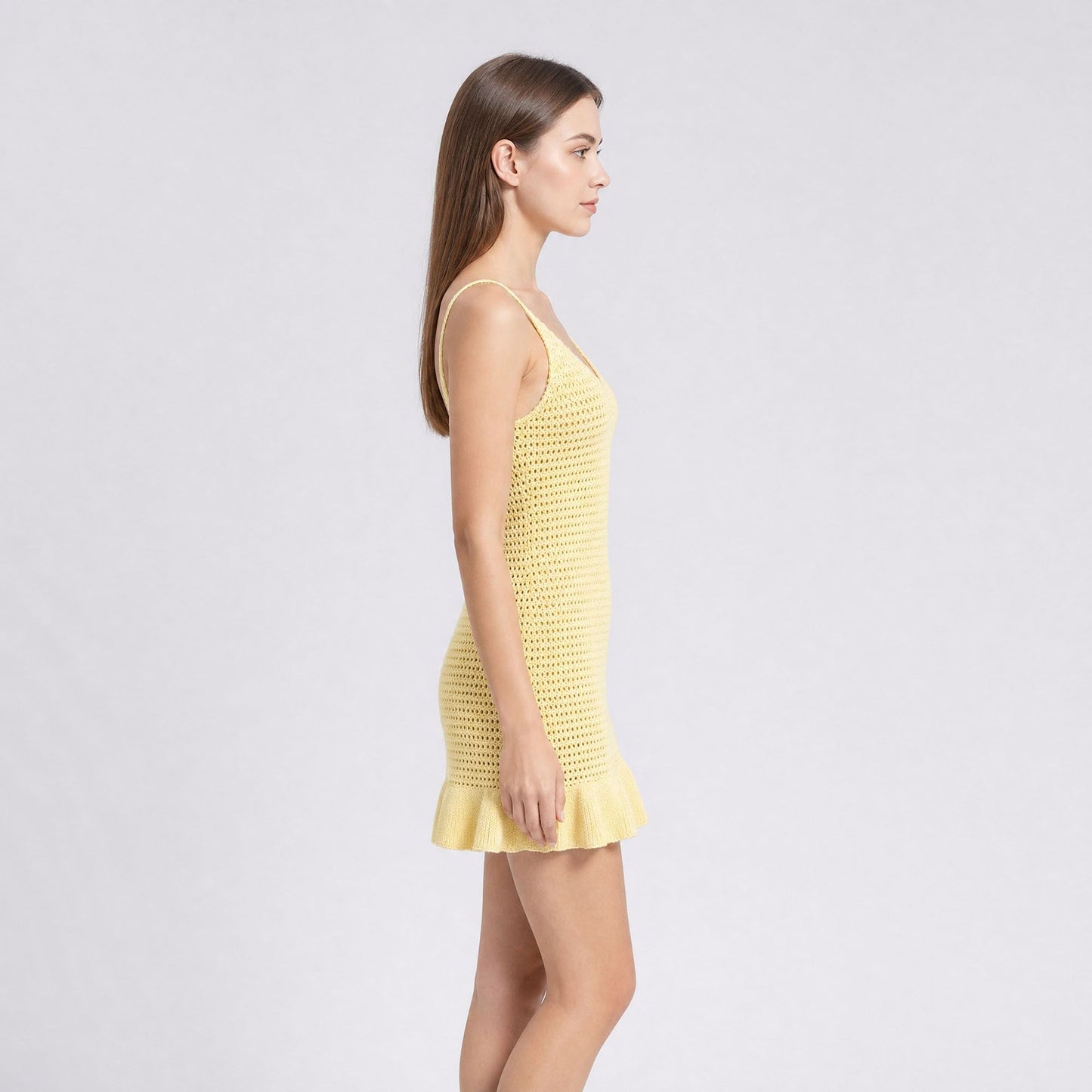 Open Knit V Neck Sleeveless Mini Dress with Ruffle Hem
