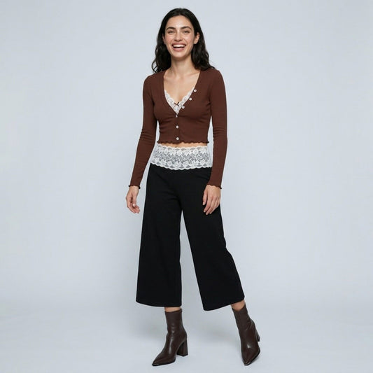 Lace Contrast Waistband Cropped Wide-Leg Trousers