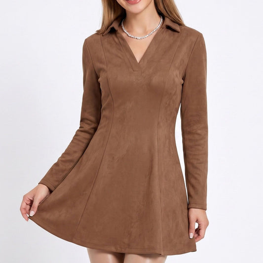 Brown Collared V Neck Long Sleeve Faux Suede Fit and Flare Mini Dress
