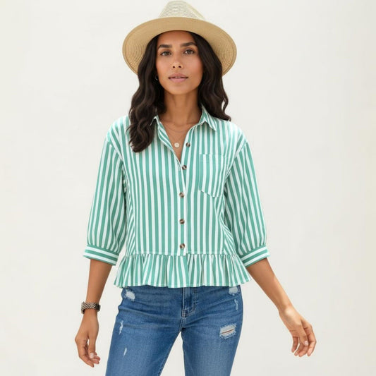 Striped Button Down Blouse with Collar Three Quarter Sleeve Peplum Hem Pocket Detail Casual Shirt