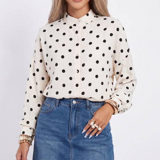Polka Dot Button Front Blouse Band Collar Relaxed Fit Long Sleeve Shirt