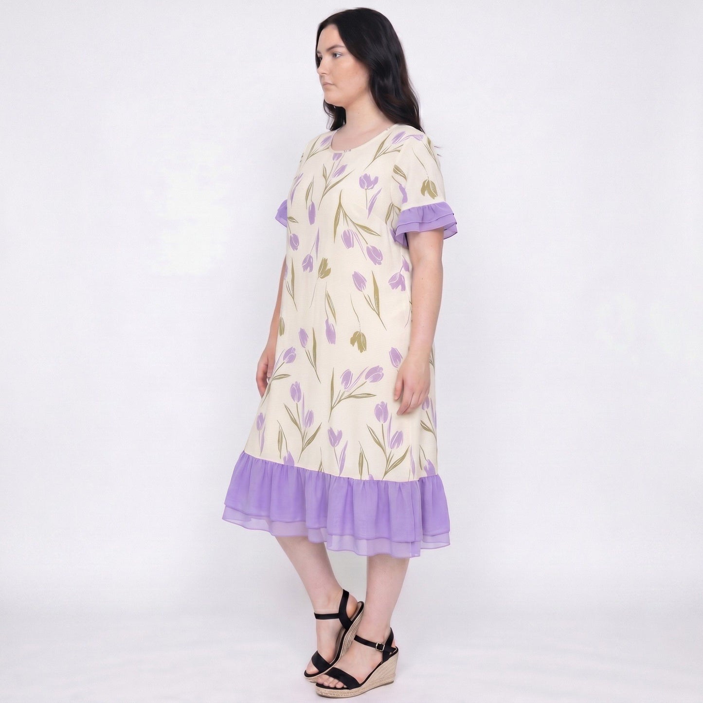 Short Sleeve Floral Midi Nightgown Ruffle Trim Relaxed Sleep Dress