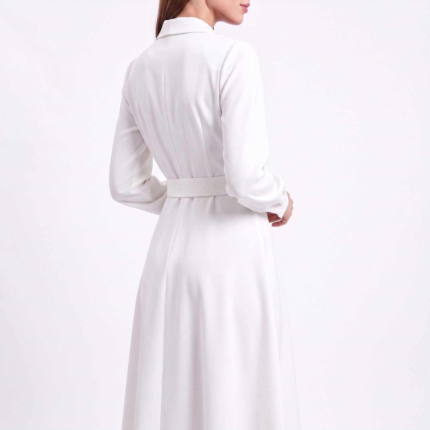 Long Sleeve Notched Collar Midi Dress with Defined Waist and Flared Skirt