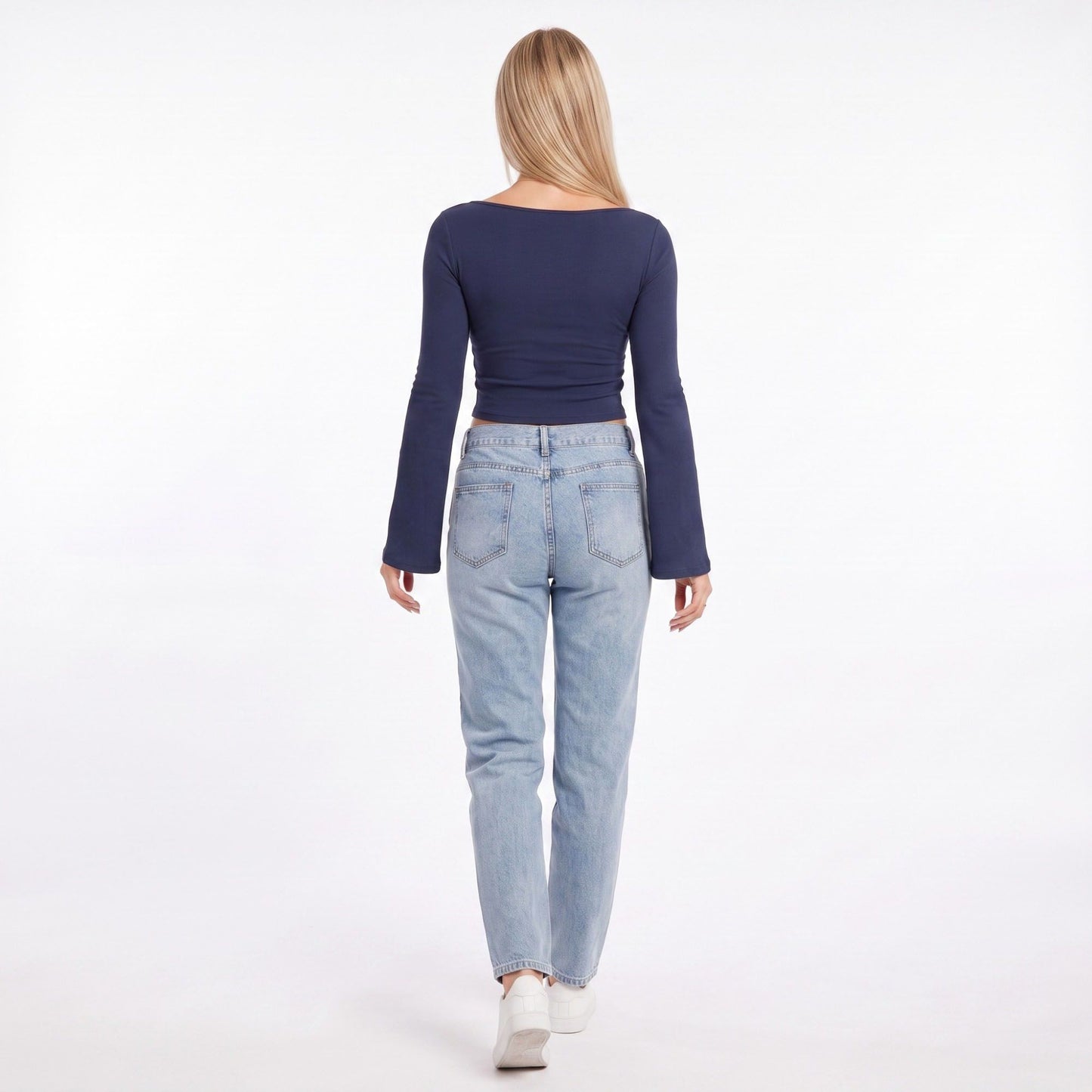 Ribbed Boat Neck Bell Sleeve Crop Top