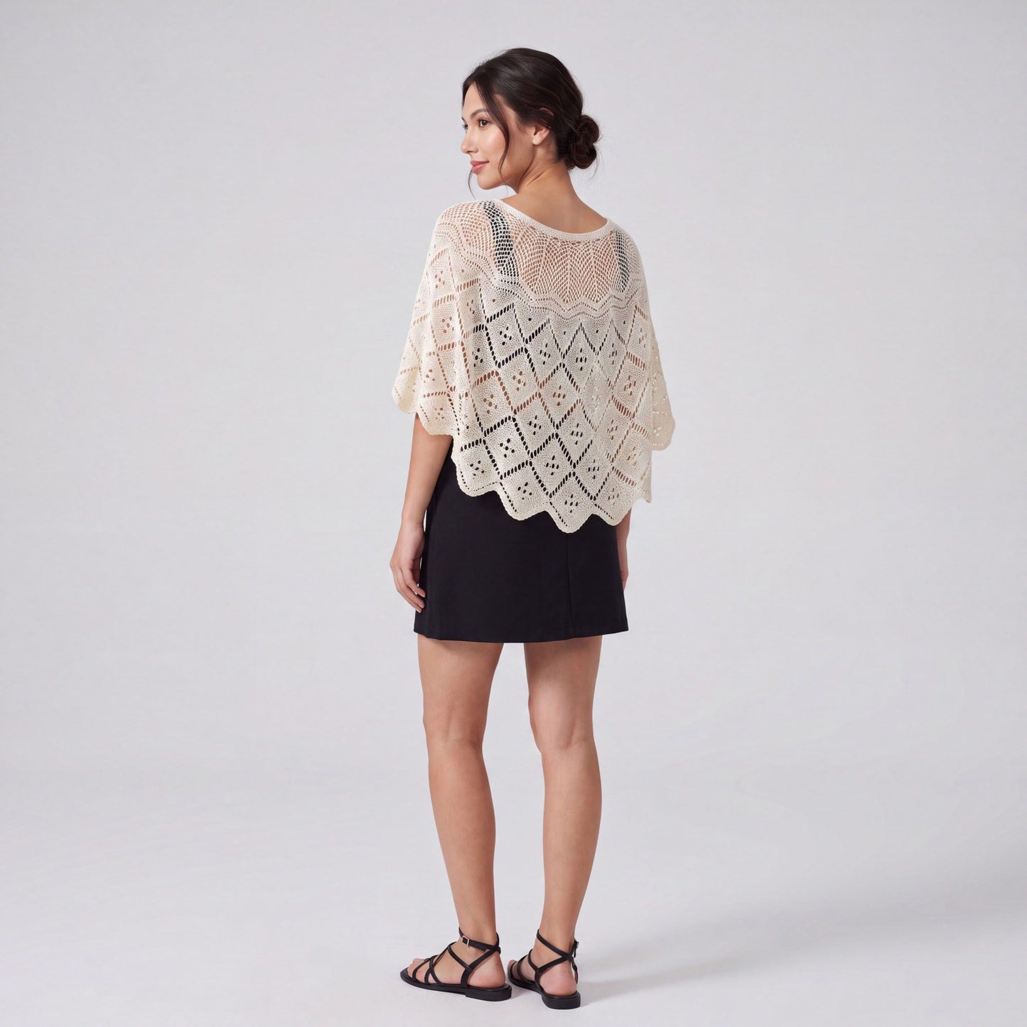 Crochet Openwork Poncho Capelet with Round Neck, Draped Short Sleeves and Scalloped Hem 11.8*39.3In