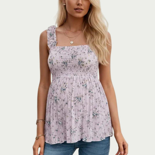 Maternity Floral Sleeveless Babydoll Top with Ruffle Straps Smocked Bust Flowy Tunic Blouse