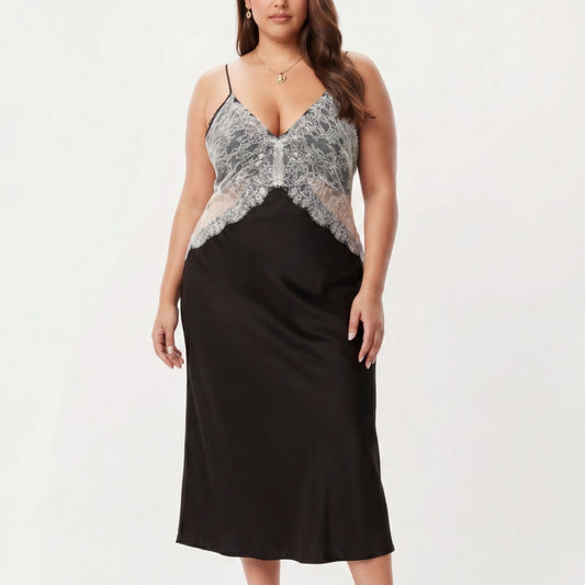 Plus Size Long Satin Chemise Lace Panel Nightgown Adjustable Strap Slip Sleep Dress