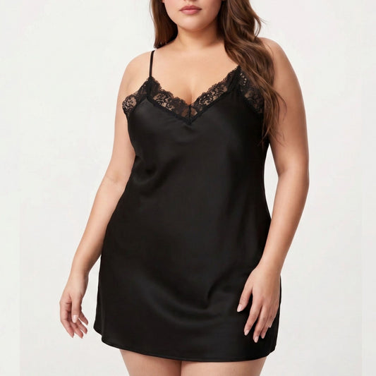 Plus Size Satin Chemise Lace Trim V Neck Sleep Dress Adjustable Strap Slip Nightgown