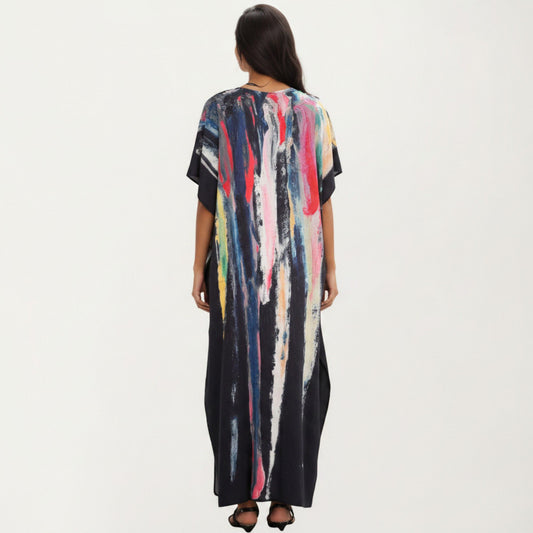 Abstract Print Maxi Caftan Dress with V-Neckline Short Sleeves and Relaxed Draped Silhouette
