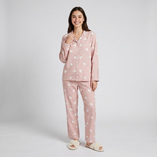 2-Piece Set Heart Print Button Front Pajama Top and Straight Leg Lounge Pants