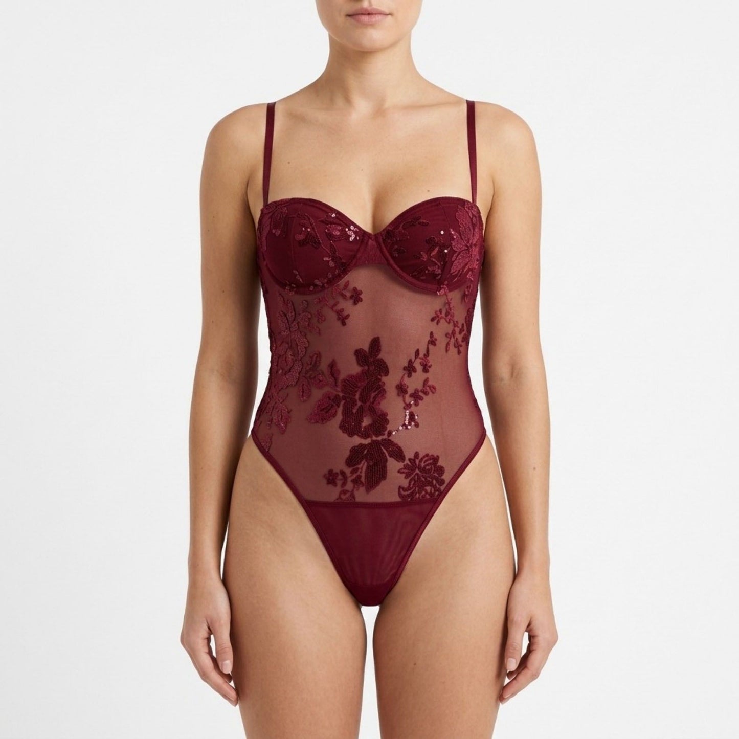 Floral Sequin Mesh Bodysuit with Underwire Cups and Adjustable Straps