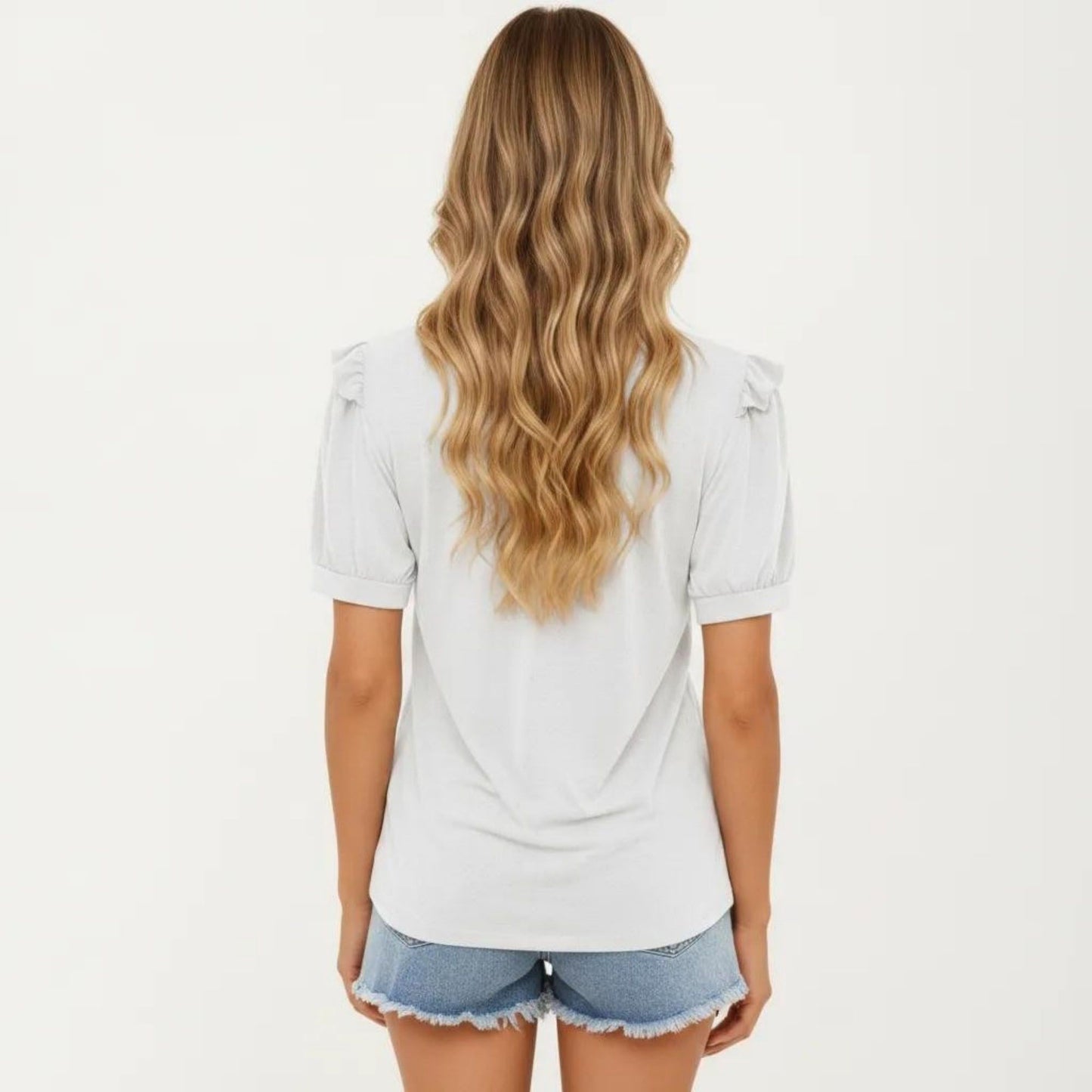 Short Puff Sleeve Top with Scoop Neck Textured Knit Relaxed Fit Casual Shirt