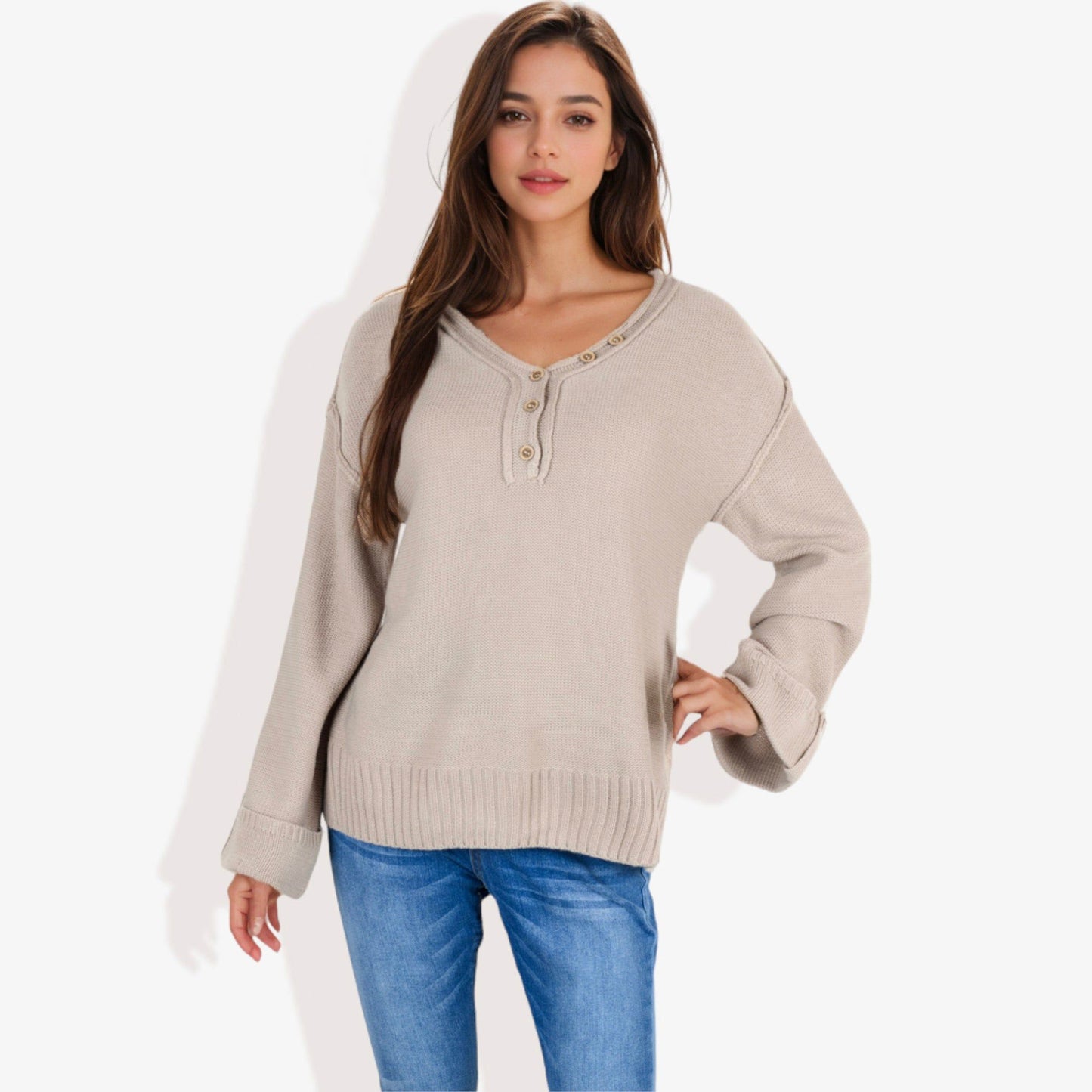 Long Sleeve V-Neck Henley Knit Sweater with Button Details