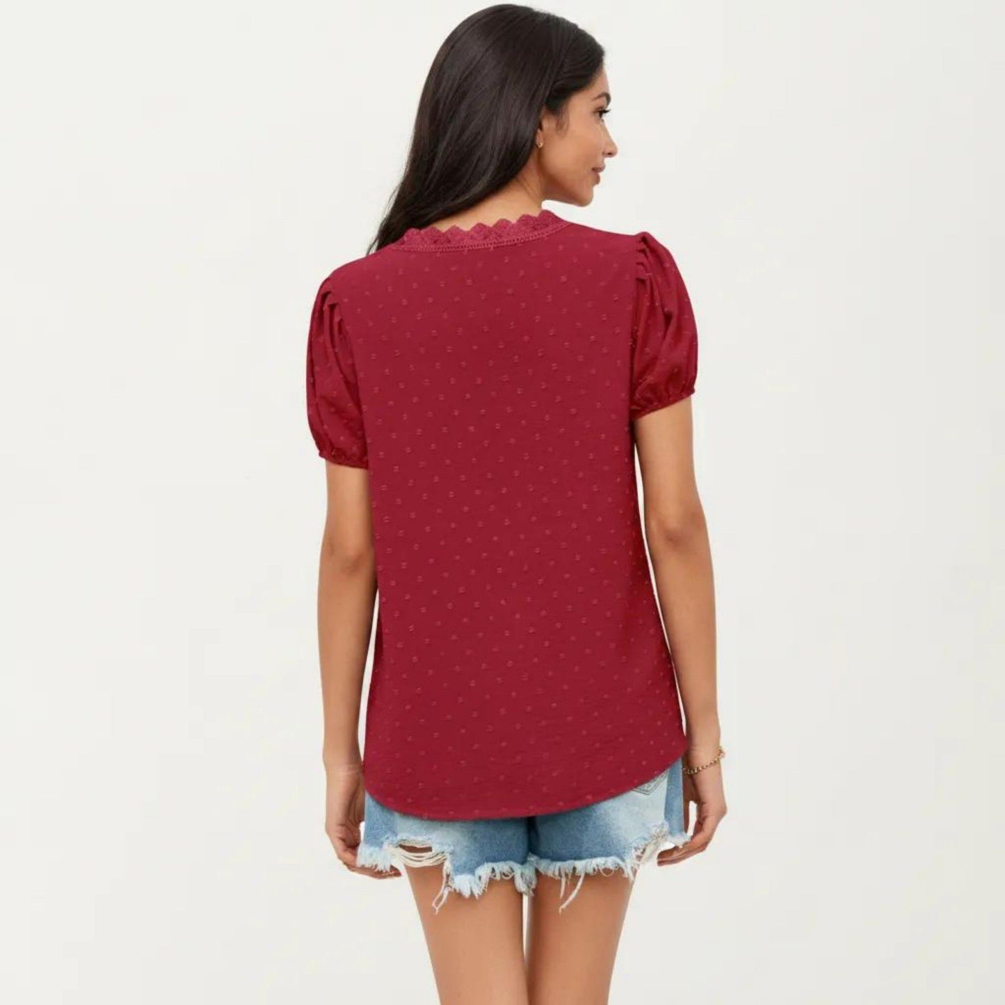 Short Sleeve Swiss Dot Top with Lace Trim V-Neck and Puff Sleeves