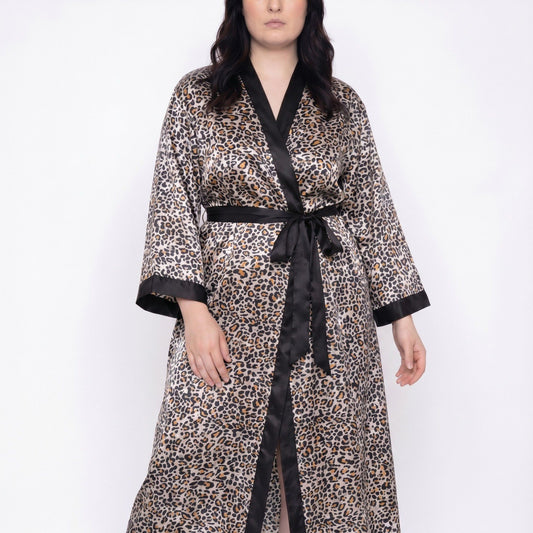 Plus Size Leopard Print Satin-Like Wrap Robe with Long Kimono Sleeves Contrast Trim and Self Tie Waist