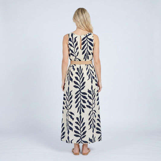 Sleeveless Leaf Print Button Front Belted Maxi Dress