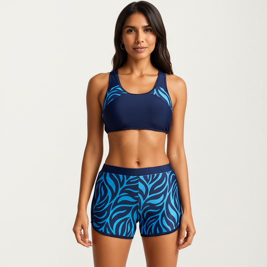 2-Piece Sport Bikini Set with Scoop Neck Crop Top and Printed Swim Shorts