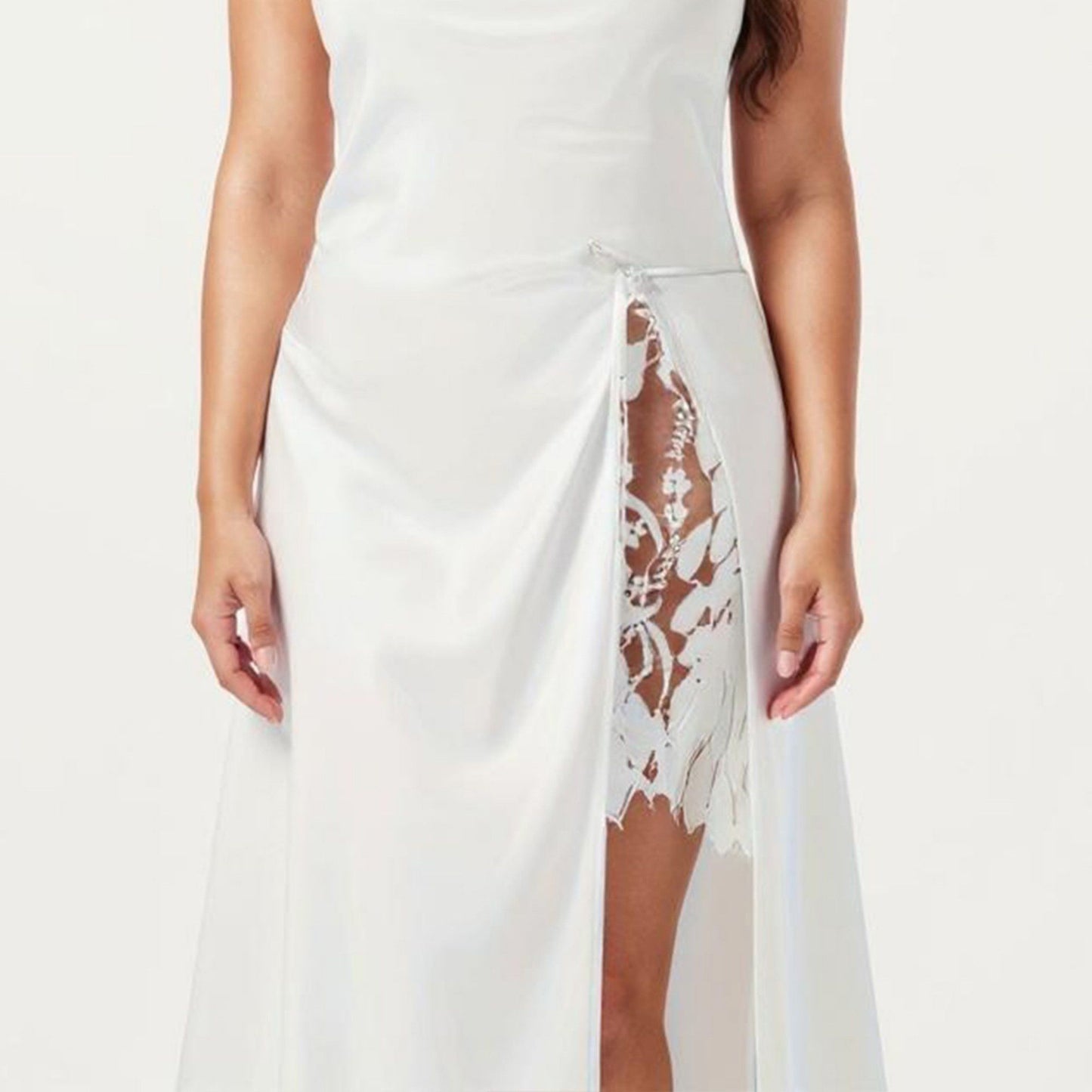 Plus Size Satin Wrap Nightgown with Lace Trim Adjustable Spaghetti Straps Side Tie Midi Length Sleepwear Dress