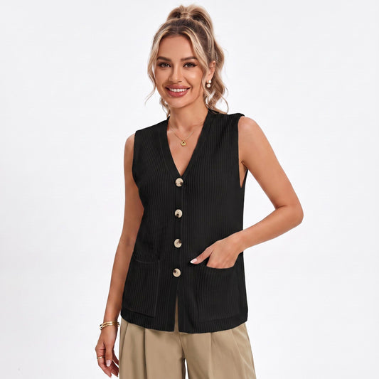 Button Front Sweater Vest V Neck Sleeveless Knit Pocket Top