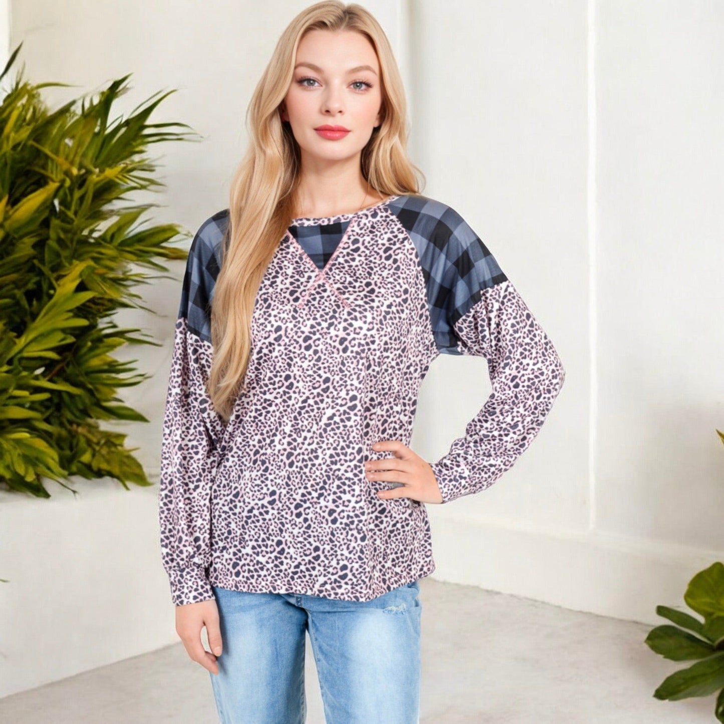 Mixed Print Long Sleeve Raglan Top Plaid Leopard Pattern