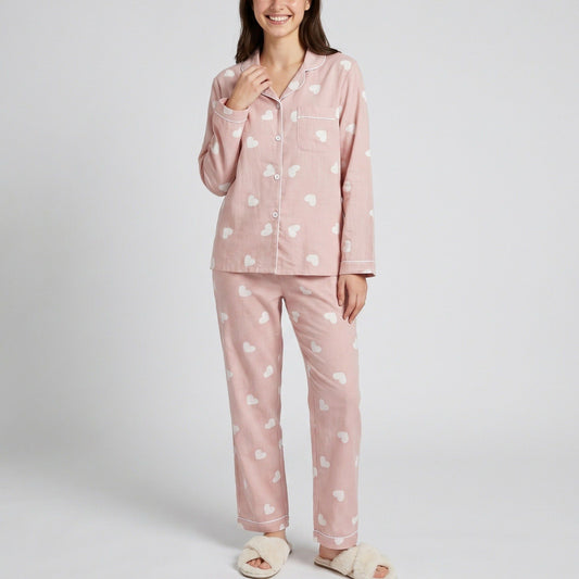 2-Piece Set Heart Print Button Front Pajama Top and Straight Leg Lounge Pants