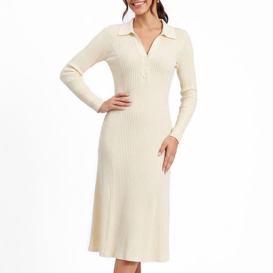 Ribbed Polo Midi Dress Long Sleeve Collared Button Placket Knit Dress