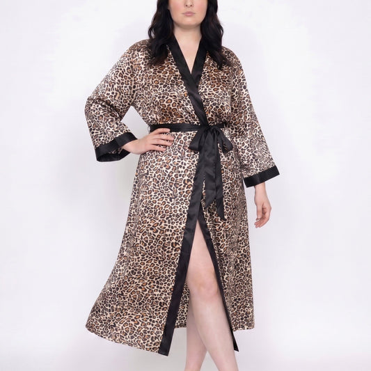 Plus Size Leopard Print Satin-Like Wrap Robe with Long Kimono Sleeves Contrast Trim and Self Tie Waist