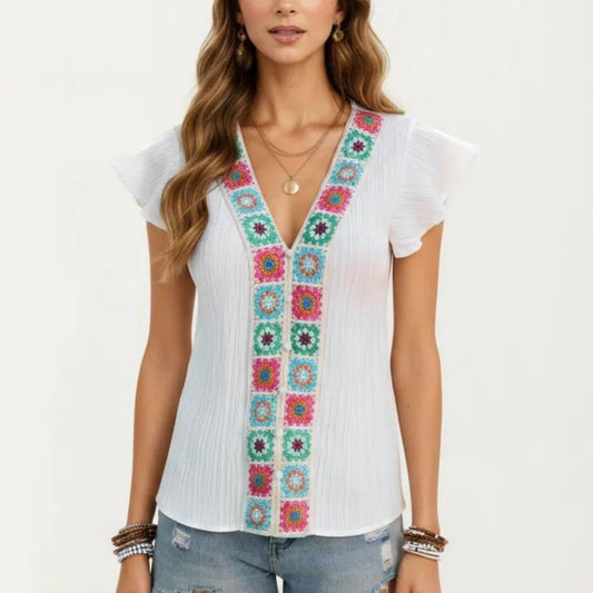 Boho Embroidered V-Neck Flutter Sleeve Textured Blouse