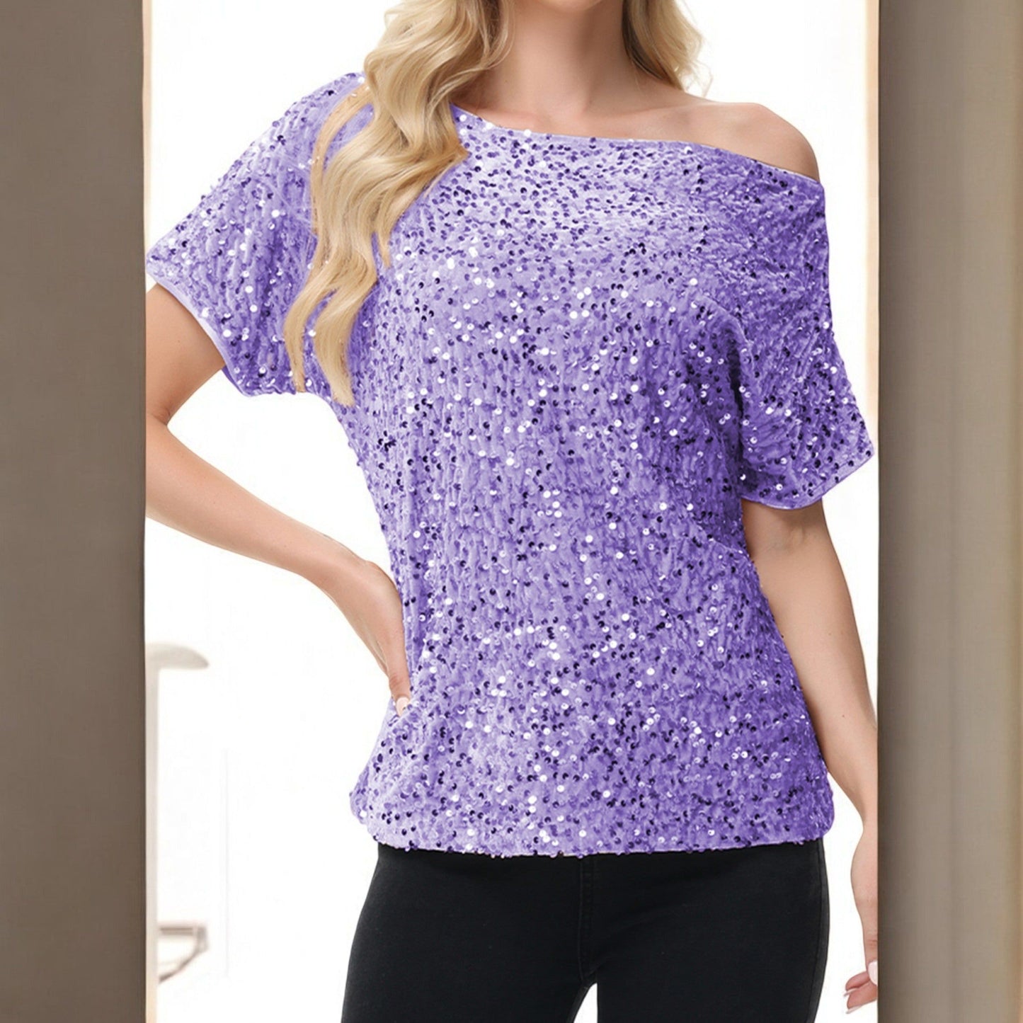 Off-Shoulder Sequin Short Sleeve Top with Relaxed Fit