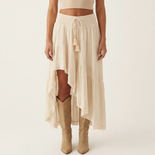 High Low Maxi Skirt Smocked Waist Tassel Tie Flowy Tiered Boho Casual Skirt