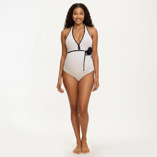 Maternity Ribbed One-Piece Swimsuit with Halter Neckline and Floral Tie Waist