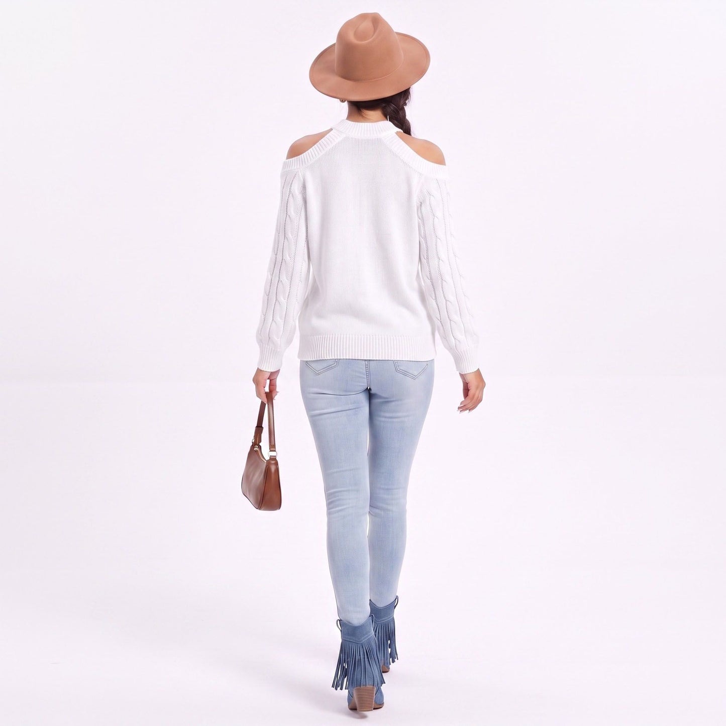 Mock Neck Cold Shoulder Cable Knit Long Sleeve Pullover Sweater