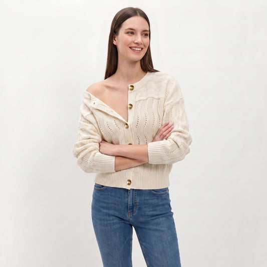 Wavy Pointelle Button-Front Long Sleeve Knit Cardigan