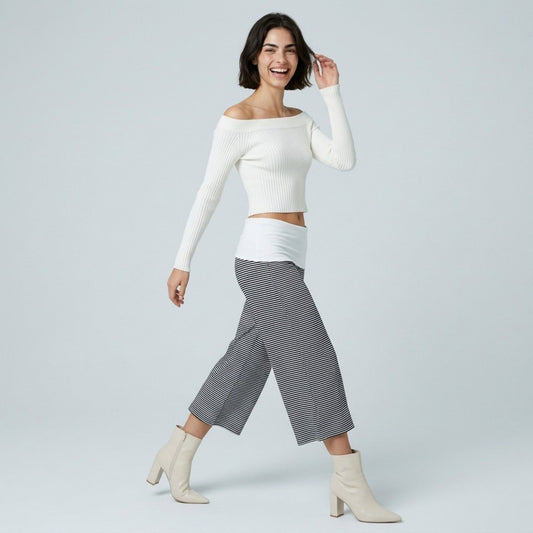 Contrast Foldover Waistband Striped Cropped Wide-Leg Trousers