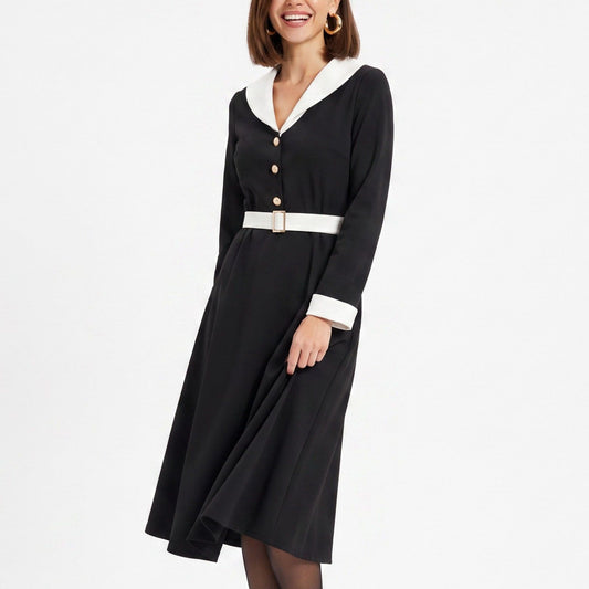 Contrast Collar Belted Midi Dress Long Sleeve Button Front Fit and Flare