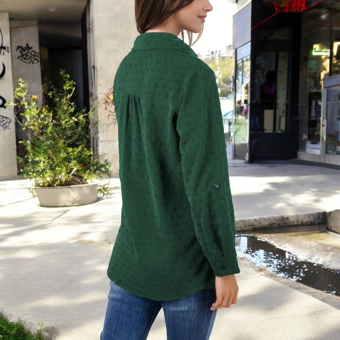 Long Sleeve Textured Blouse Button-Up Detail Spread Collar