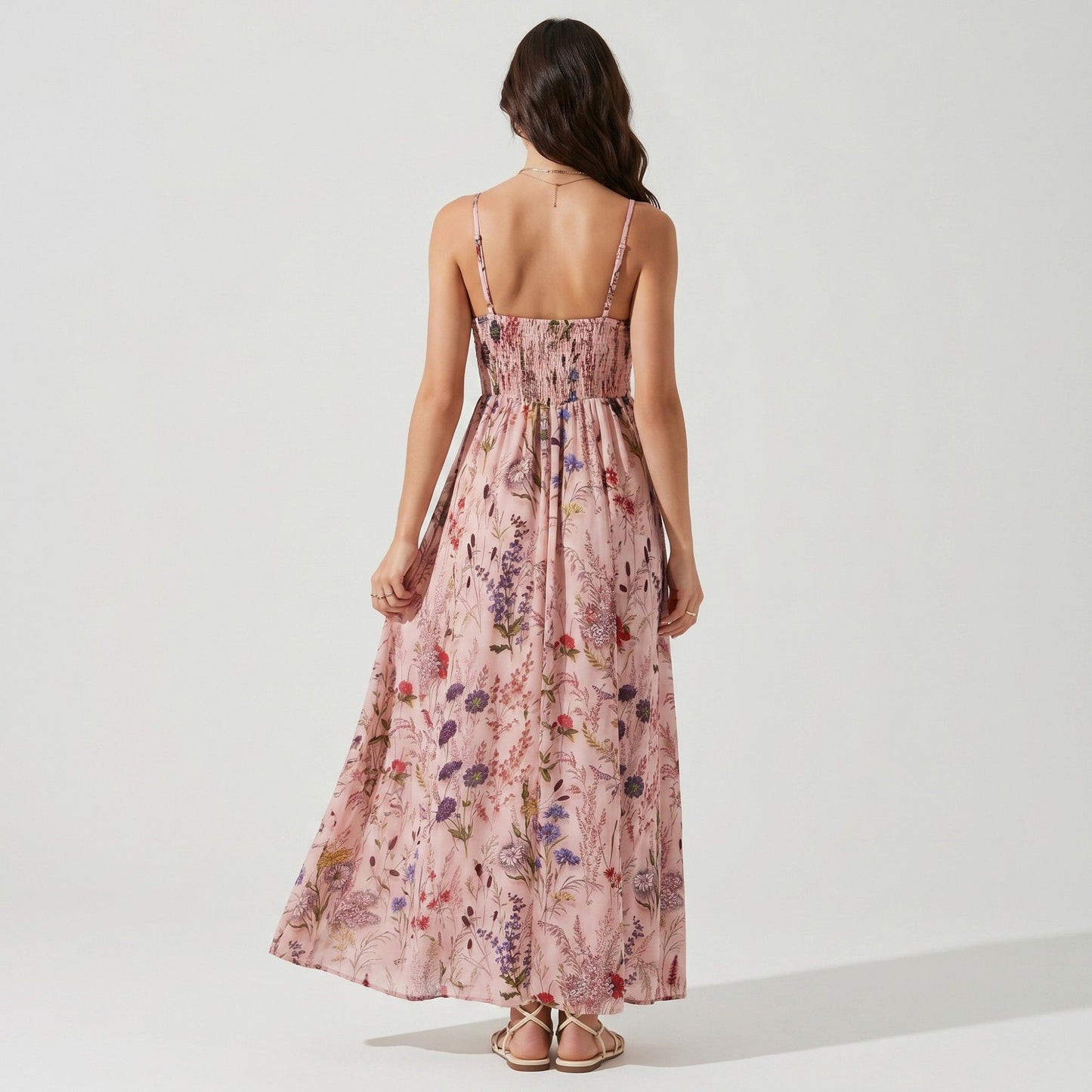 Floral Print Tie Front Maxi Dress with Spaghetti Straps and Flowy Skirt