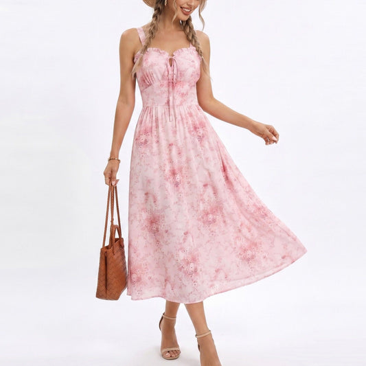 Floral Print Tie Front Smocked Back Midi Dress