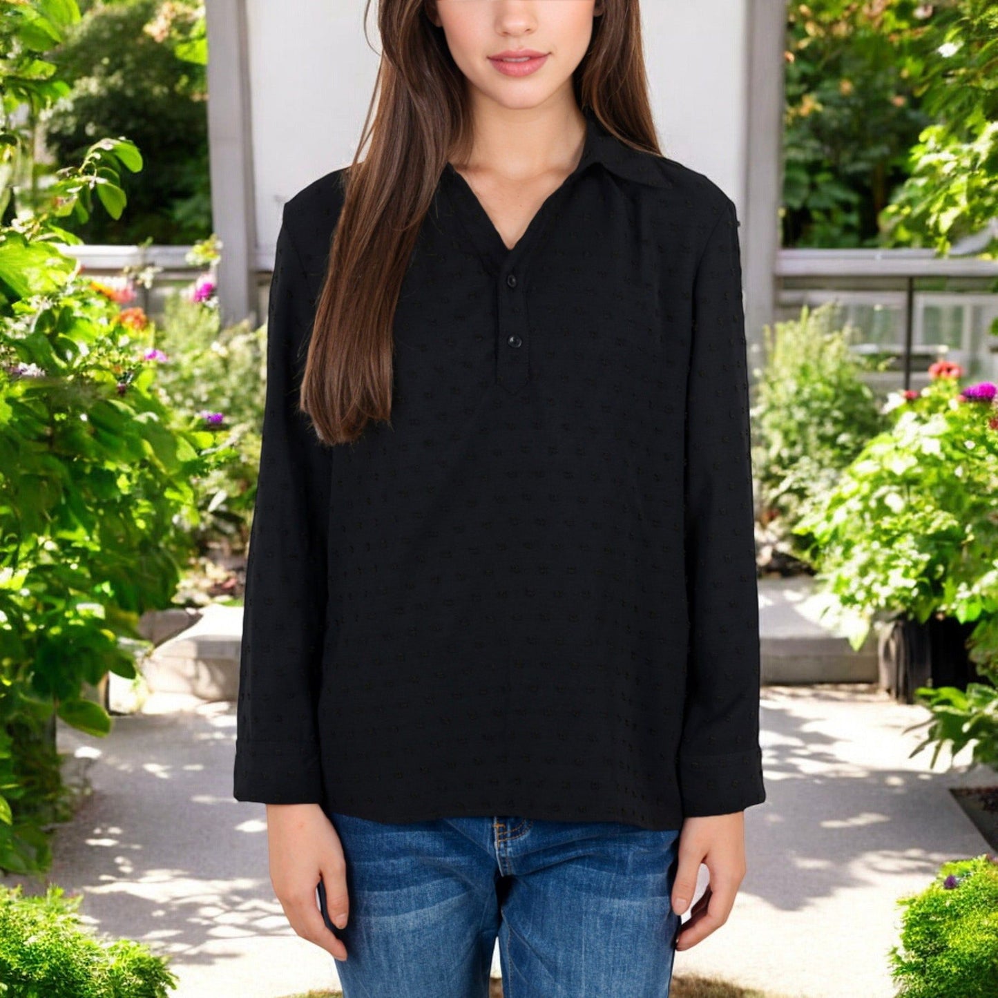 Long Sleeve Textured Blouse Button-Up Detail Spread Collar