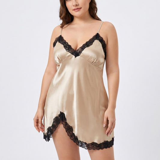 Plus Size Satin-Like Lace Trim Cami Nightgown with V-Neck Slim Straps Side Slit and Relaxed Fit