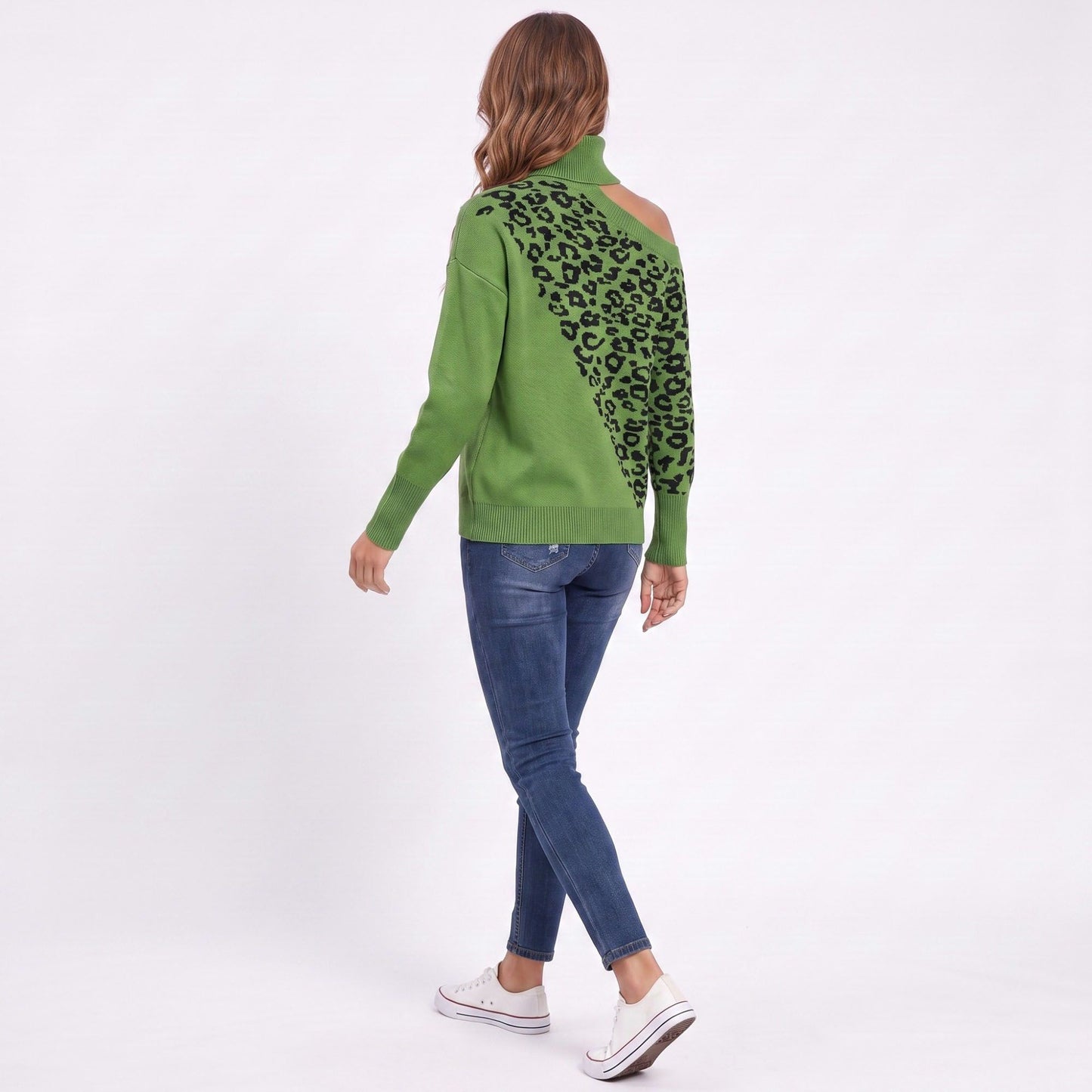 Leopard Print Cold Shoulder Turtleneck Sweater